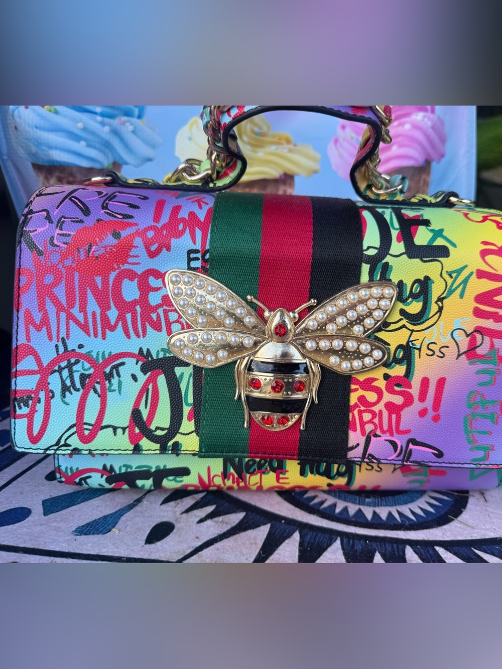 Graffiti Print Bee-Embellished Shoulder Bag in Multicolor